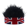 Detail eines Union-Jack-Stirnbands mit einer schwarzen, stacheligen Perücke für Partys - Perückenmütze / Union Jack + Schwarz