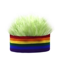 Close-up of rainbow striped knit band and long light green faux fur costume wig hat - Light Green