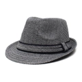 Classic houndstooth jazz fedora hat with black ribbon band and decorative side buckle - Adjustable / Gray