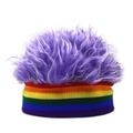 Colorful rainbow knit beanie with fluffy purple faux fur wig top for men and women - Purple