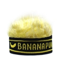 Detail van zwarte gebreide hoofdband met geel kunsthaar en BANANAPUN-tekstlogo erop - Verstelbaar / Banaan Zwart + Geel
