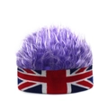 Detail of creative knit hat with purple faux fur wig top and Union Jack flag pattern - Wig Hat / Union Jack + Purple