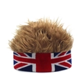Detail of creative brown wig beanie with Union Jack knitted headband and fluffy texture - Wig Hat / Union Jack + Brown