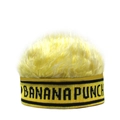 Detail van gele gebreide muts met pluizig imitatiebont en BANANA PUNCH borduursel - Verstelbaar / Banaan Geel + Geel