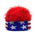 Macro view of fluffy red wig top with stars and stripes American flag headband - Wig Hat / Stars and Stripes + Red