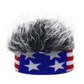 Detailed view of grey fuzzy wig hair and American flag knit headband with stars and stripes - Wig Hat / Stars and Stripes + Gray