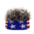Detail of USA flag knit headband featuring fluffy faux wig hair for party costume - Wig Hat / Stars and Stripes + Coffee