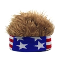 Macro detail of knitted American flag headband with fluffy brown synthetic wig fiber - Wig Hat / Stars and Stripes + Brown