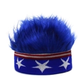 Detailed close-up of blue faux fur wig and patriotic star-striped knit headband - Wig Hat / Circle of Stars + Royal Blue