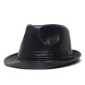Classic black PU leather fedora hat for men featuring a vintage jazz style with stitch details - Adjustable / Dark Brown