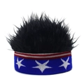 Close-up of knit American flag headband with creative black fluffy wig top for parties - Wig Hat / Circle of Stars + Black