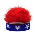 Detail of USA flag themed knit beanie with vibrant red faux fur hair and white stars - Wig Hat / Circle of Stars + Red