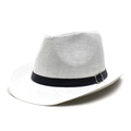 Close-up detail of white woven straw hat texture with black band and silver metal buckle - Adjustable / White