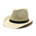 Classic beige woven straw fedora hat with black leather band and silver buckle - Adjustable / Deep Beige