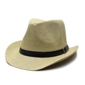 Classic beige woven straw fedora hat with black leather belt band for summer beach wear - Adjustable / Light Khaki