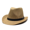 Classic straw fedora hat in light brown with black leather band and metal buckle - Adjustable / Dark Khaki