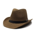 Dark brown straw fedora hat with black leather belt band and stylish silver buckle - Adjustable / Brown
