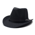 Classic black straw fedora hat with leather band and metal buckle on white background - Adjustable / Black