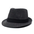 Fashionable dark grey fedora hat with multi-color dots and black grosgrain ribbon trim - Gray