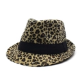Classic leopard print fedora hat with a wide black decorative band on white background - Adjustable / Beige