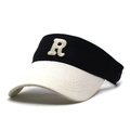 Close-up of R letter embroidery and white stitched brim on black cotton sun visor hat - One Size / Beige Brim + Beige R