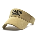 Detail view of khaki sun visor hat with black Paris French embroidery and canvas texture - Beige