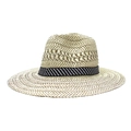 Classic wide-brim straw sun hat in light brown with a black and white striped ribbon band - Adjustable / Beige