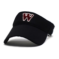 Detail of black open top sun hat featuring a burgundy embroidered letter W logo - One Size / Black
