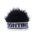 Close-up of fighting letter knitting band and black fluffy synthetic hair wig cap - Black