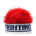 Close-up of red wig knit hat featuring bold blue FIGHTING letters on white elastic band - Red