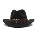 Classic black wool western cowboy hat with brown leather band and silver bull head ornament - Adjustable / Black