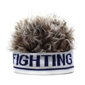 Funny fighting slogan wig beanie with brown faux hair and white knitted headband for men - Coffee