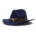 Dark blue felt western cowboy hat with brown leather band and silver bull head emblem - Adjustable / Navy Blue