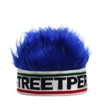 Detail of creative knit street hip-hop beanie with blue faux fur and STREETPER lettering - Adjustable / White Band And Royal Blue Wig (STREERPER)