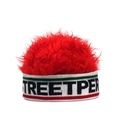 Detail of red faux fur top and knitted headband with STREETPER text logo on beanie - Adjustable / White Band And Red Wig (STREERPER)
