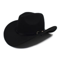 Chapeau fedora classique en feutre noir à large bord avec sangle en cuir et boucle dorée - Noir