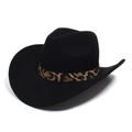 Klassieke zwarte vilten cowboyhoed met stijlvolle luipaardband en gouden gesp detail - Verstelbaar / Zwart