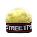 Detail of knit headband with STREETPER text and fluffy yellow synthetic hair wig - Adjustable / Black Band And Yellow Wig (STREERPER)
