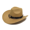 Sombrero vaquero de lana caqui con calavera de toro plateada y banda étnica tejida - Ajustable / Caqui claro