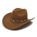 Detail of a brown cowboy hat featuring a vintage silver metal chain band on felt texture - Adjustable / Dark Khaki
