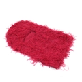 Macro detail of dark red long-fringe knit balaclava face mask with soft furry texture - Red