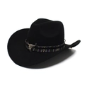 Sombrero de vaquero de fieltro negro con ala ancha y banda étnica con adorno de cabeza de toro - Ajustable / Negro