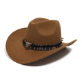 Sombrero vaquero marrón de fieltro con banda étnica tejida y adorno de cabeza de toro - Ajustable / Caqui oscuro