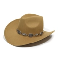 Detail of camel felt cowboy hat featuring vintage silver chain trim and curved brim - Adjustable / Light Khaki