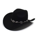 Close-up of the vintage silver chain detail with oval patterns on a black felt cowboy hat - Adjustable / Black