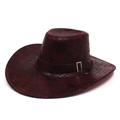Close-up of the dark red faux crocodile leather texture and metal buckle on the cowboy hat - Crocodile Pattern Style / Dark Red