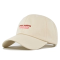 Close-up of LOVELY AGATHA red embroidery on beige cotton baseball cap detail - Beige