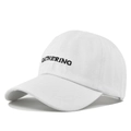 Detailed view of black GATHERING embroidery on a white cotton baseball cap - White