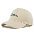Dettaglio del ricamo Dynamism blu navy sul tessuto di cotone del berretto beige - Rosa (Dynamism)
