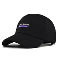 Black baseball cap featuring white LOVELY AGATHA embroidery and purple decorative lines - Black